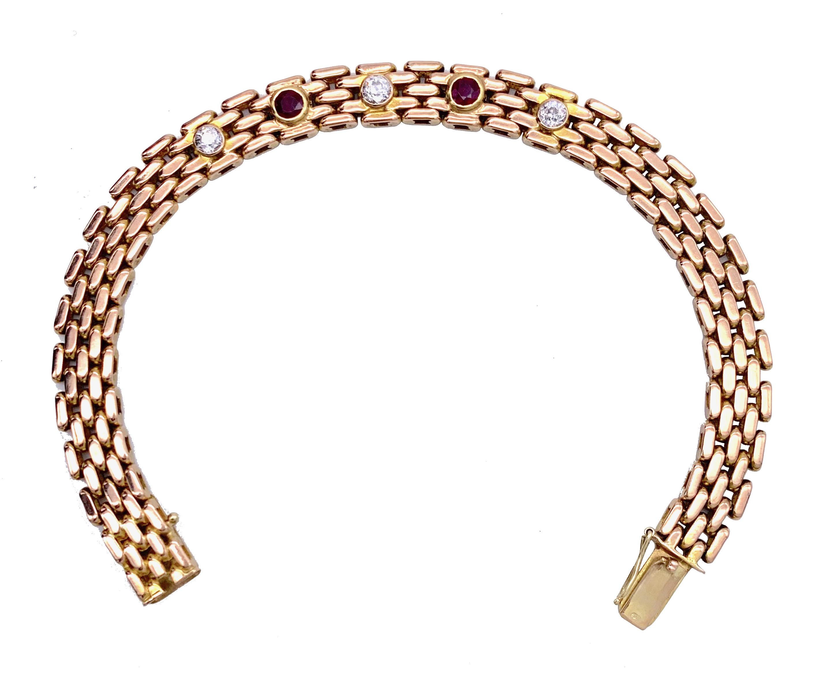 This fine ruby and Diamond Gate bracelet was made in Vienna at the beginning of the 20th century out of 14 karat Gold. It is stamped with the 14 Karat gold hallmark  in use between 1901-1921.