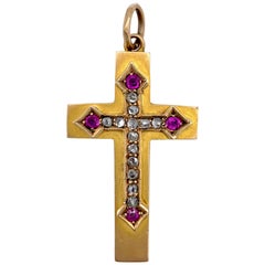 Antike Diamant Rubin 9 Karat zwei Farbe Gold Kreuz Anhänger Initiale E