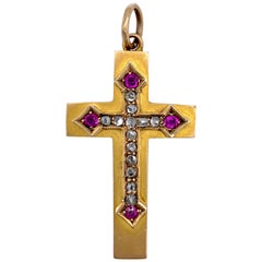 Antique Diamond Ruby 9 Karat Two Colour Gold Cross Pendant Initial E