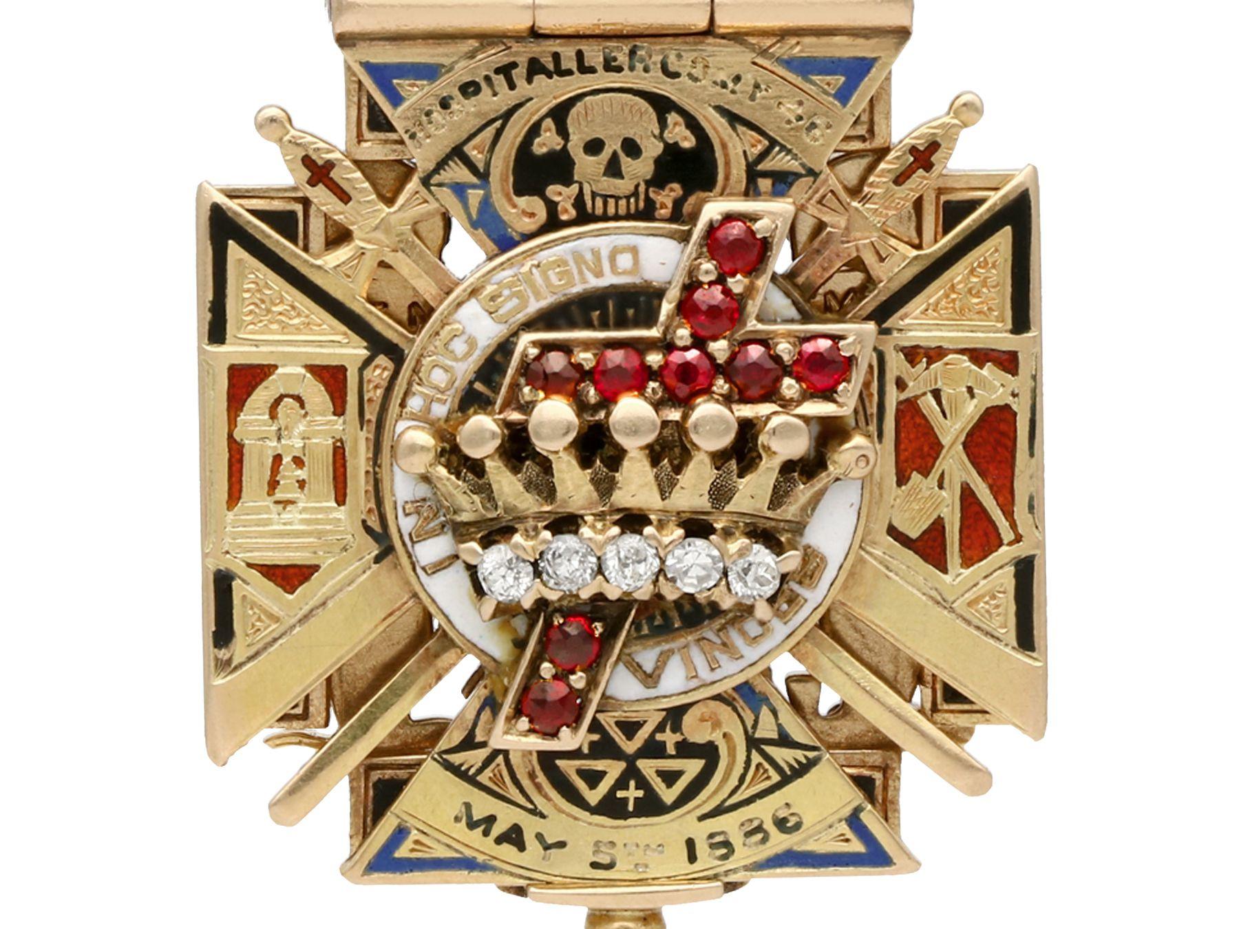Antique Diamond Ruby and Enamel Gold Masonic Pendant / Watch Fob 3