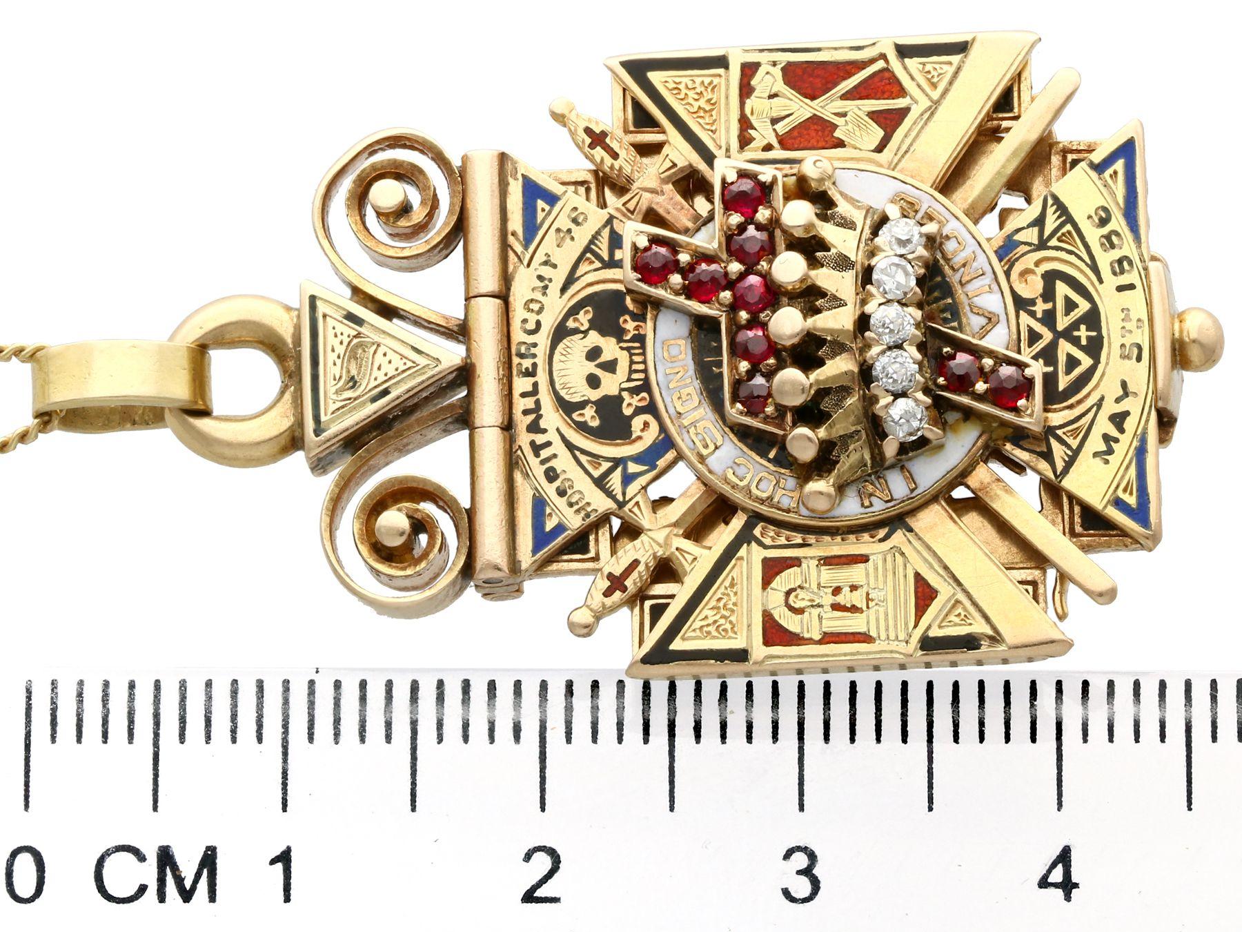 Antique Diamond Ruby and Enamel Gold Masonic Pendant / Watch Fob 4
