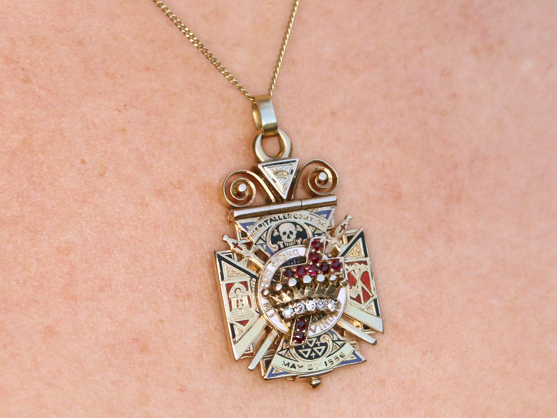 Antique Diamond Ruby and Enamel Gold Masonic Pendant / Watch Fob 6