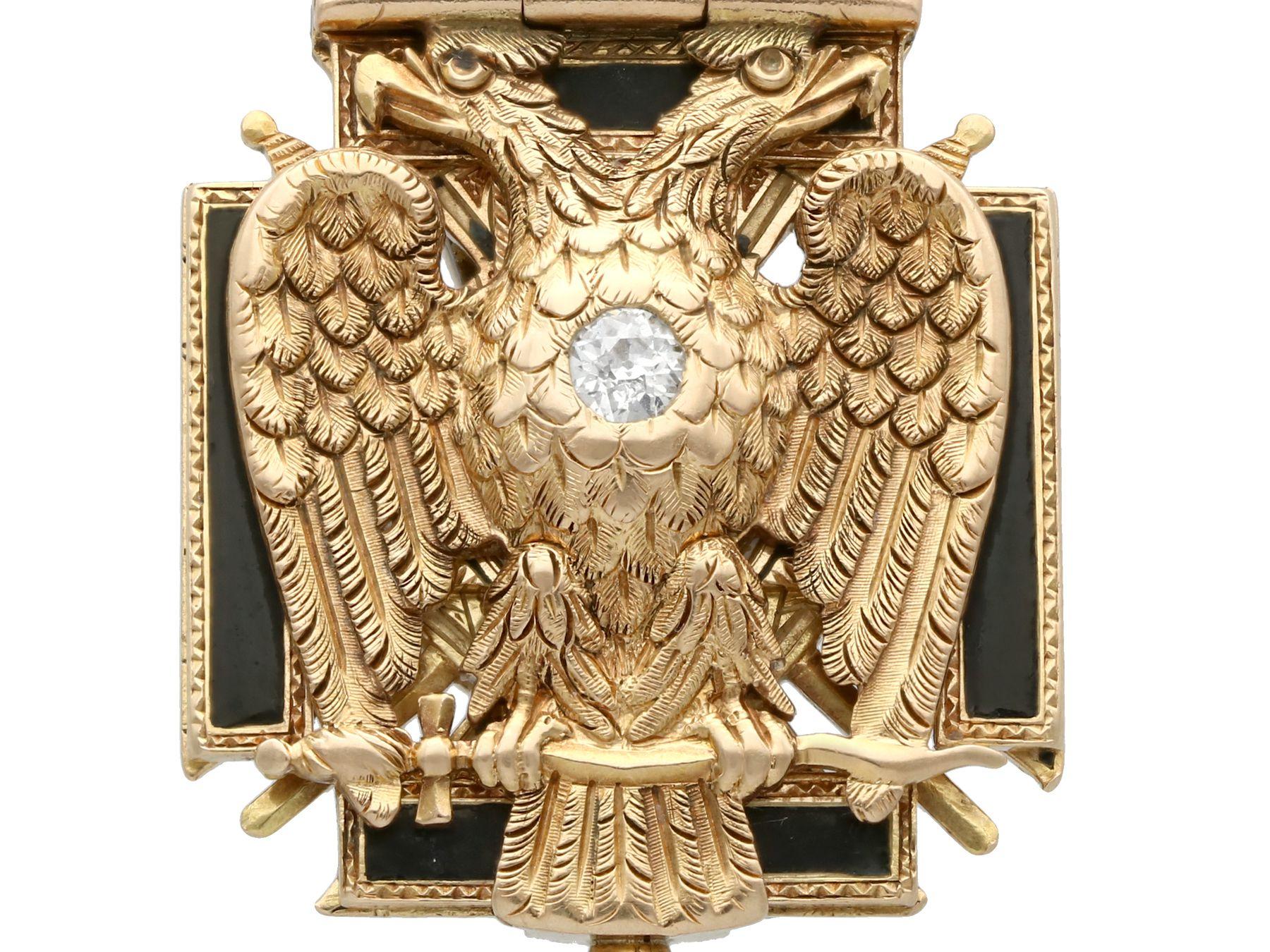 Round Cut Antique Diamond Ruby and Enamel Gold Masonic Pendant / Watch Fob