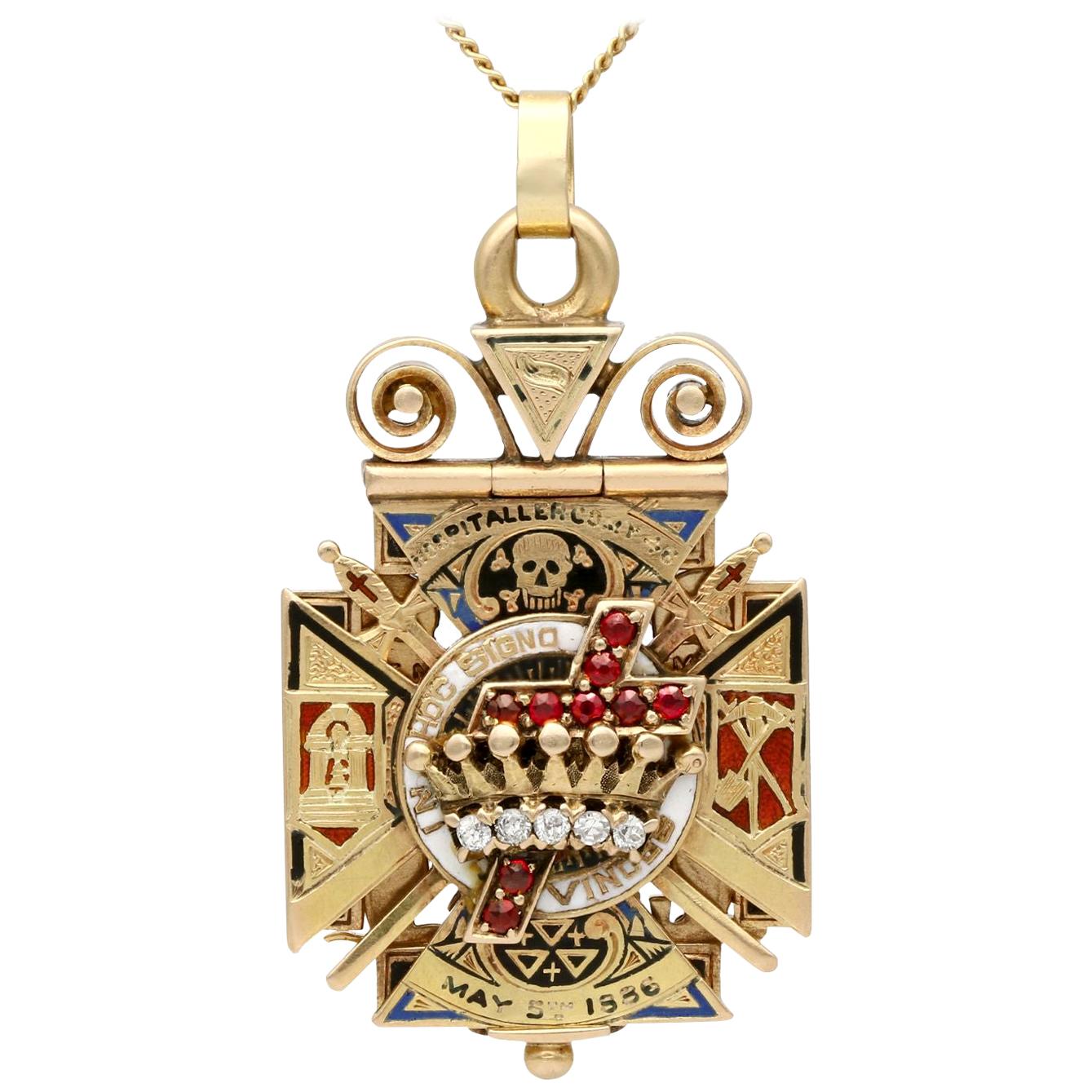 Antique Diamond Ruby and Enamel Gold Masonic Pendant / Watch Fob
