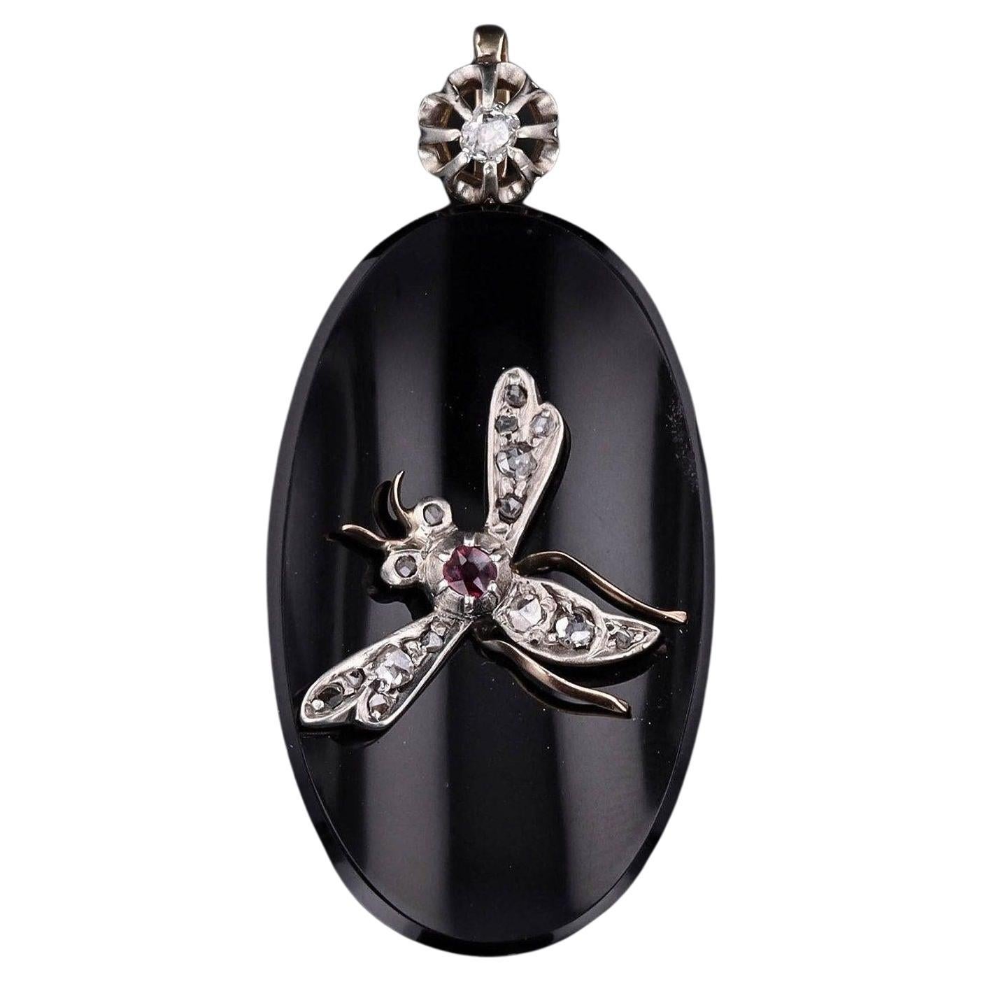 Antique Diamond Ruby and Onyx Insect Pendant of 14k Gold