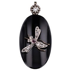 Pendentif ancien en or 14k avec diamant, rubis et onyx en forme d'insecte