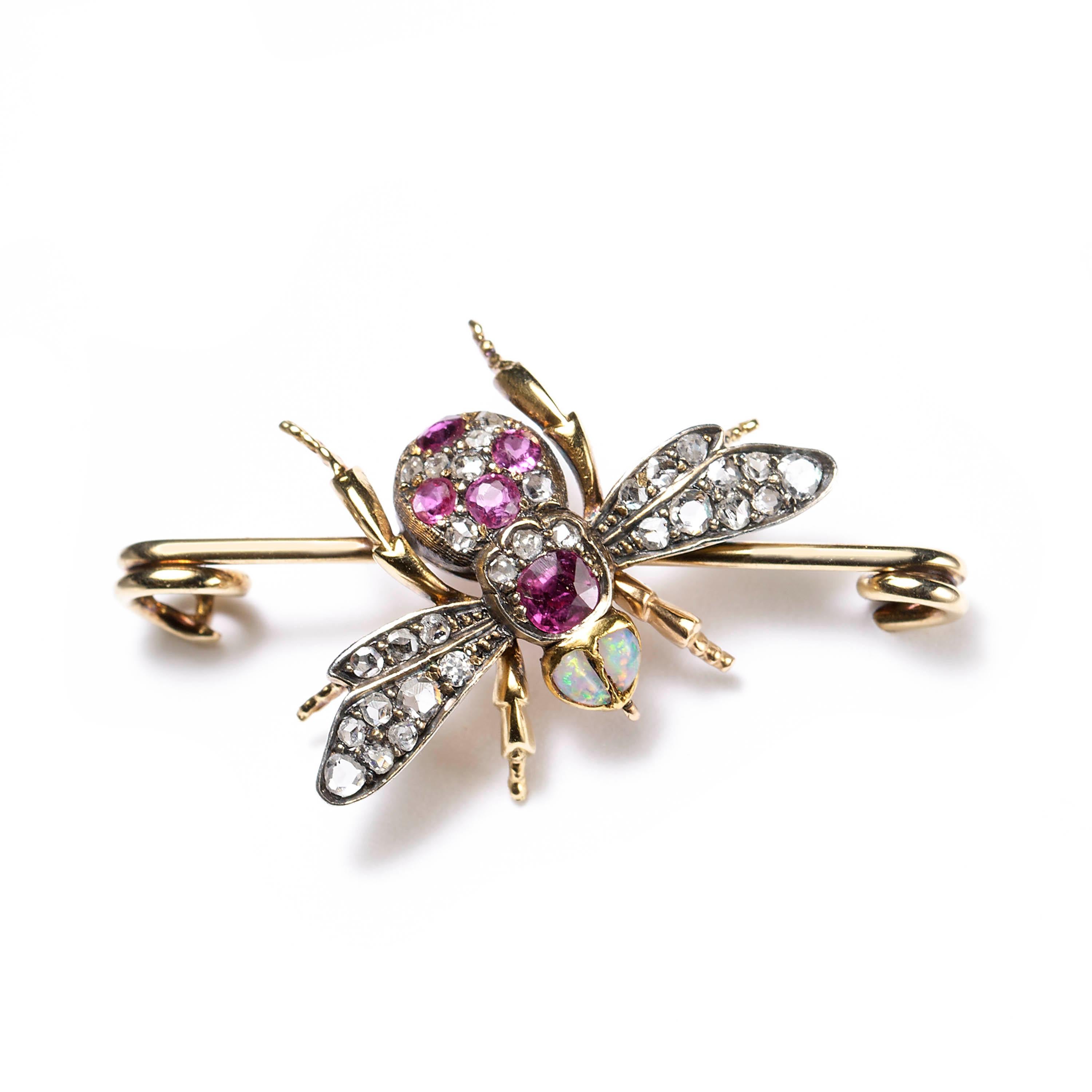 Victorian Antique Diamond, Ruby and Opal Bee Brooch, circa 1880