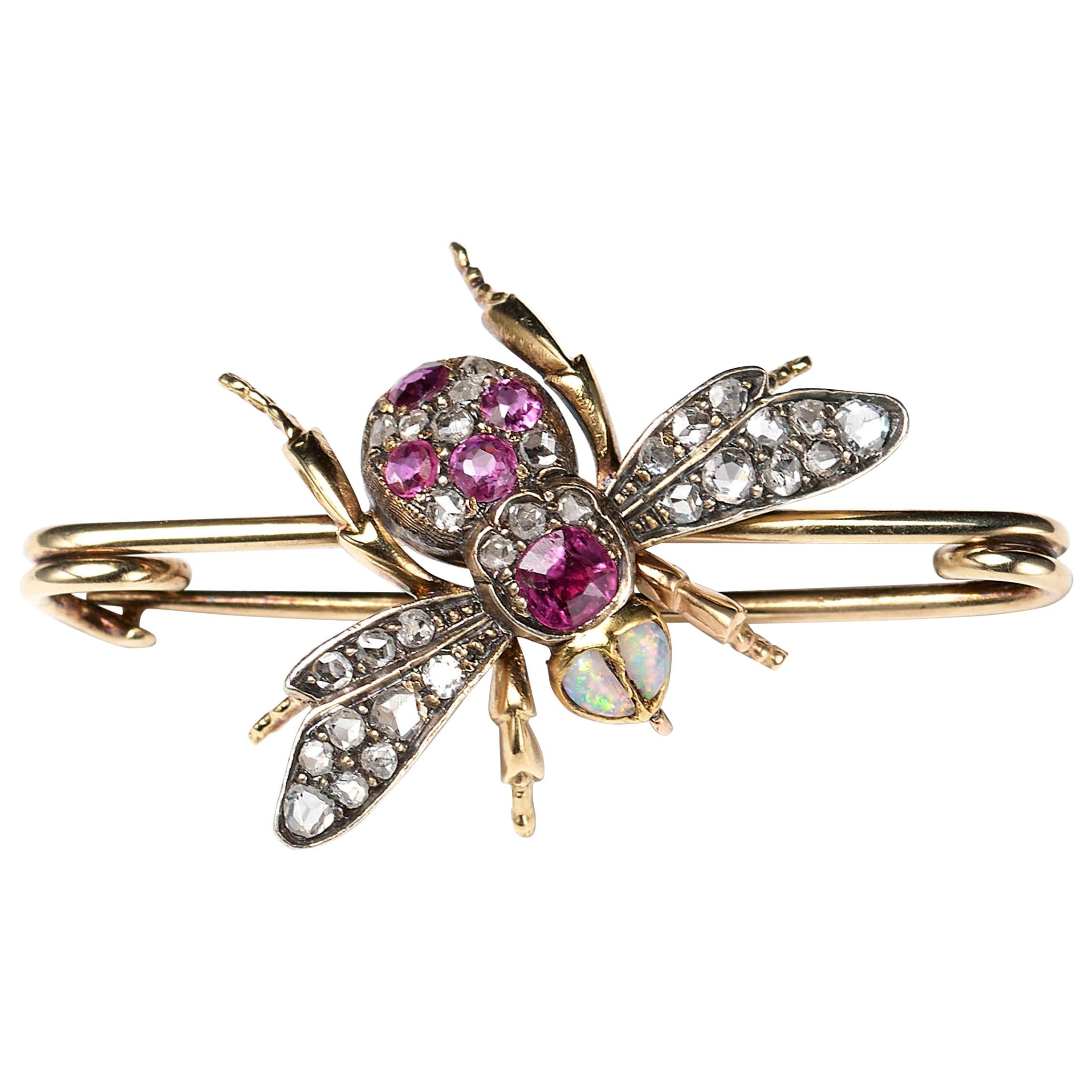 Antique Diamond, Ruby and Opal Bee Brooch, circa 1880