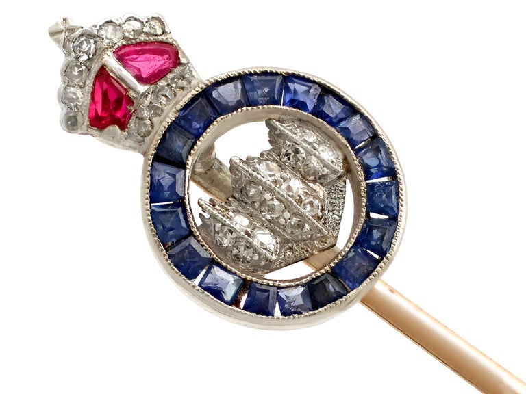 Round Cut Antique Diamond Ruby and Sapphire and Yellow Gold Sweetheart Pin Brooch