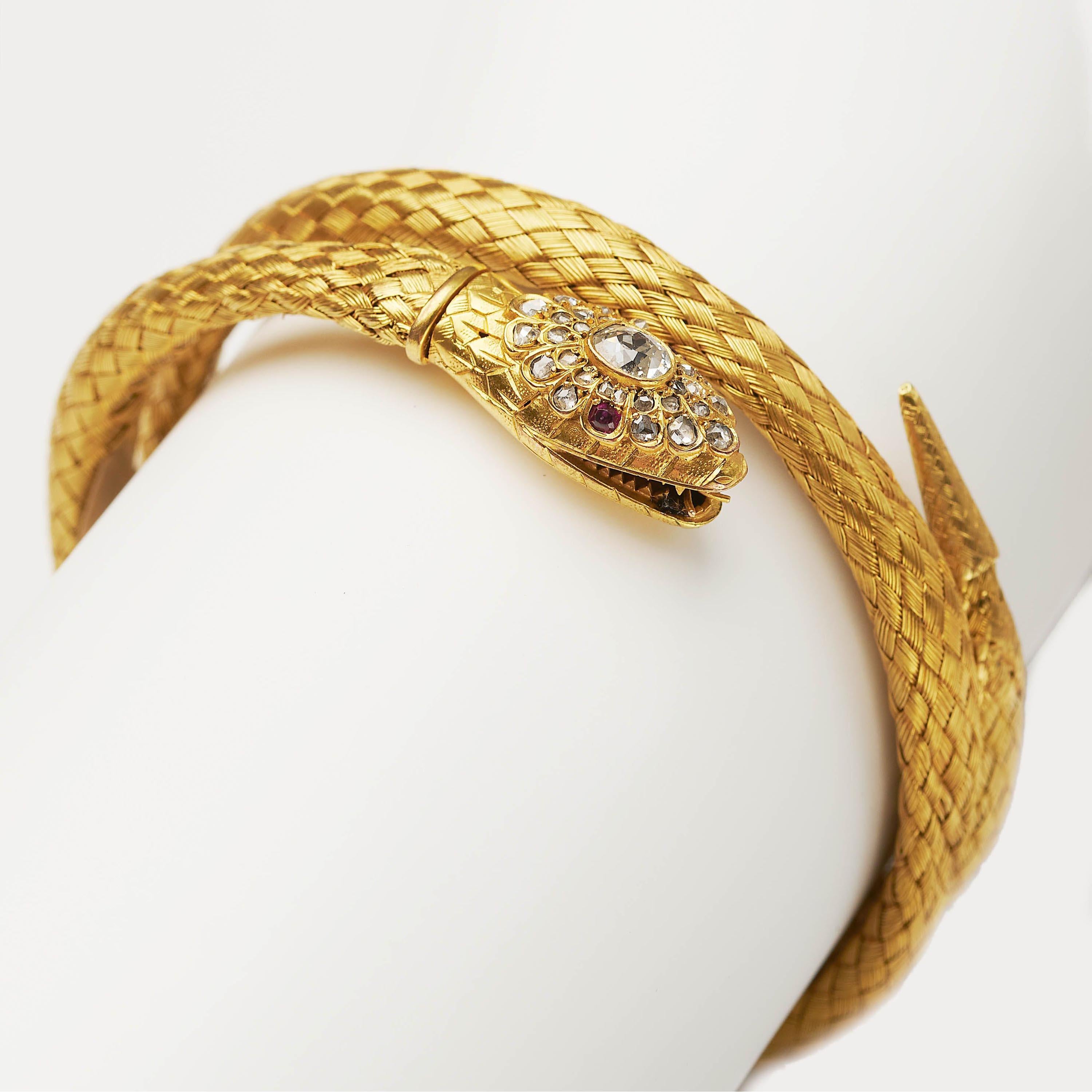 Victorian Antique Diamond, Ruby and Woven Gold Snake Bracelet, circa 1870
