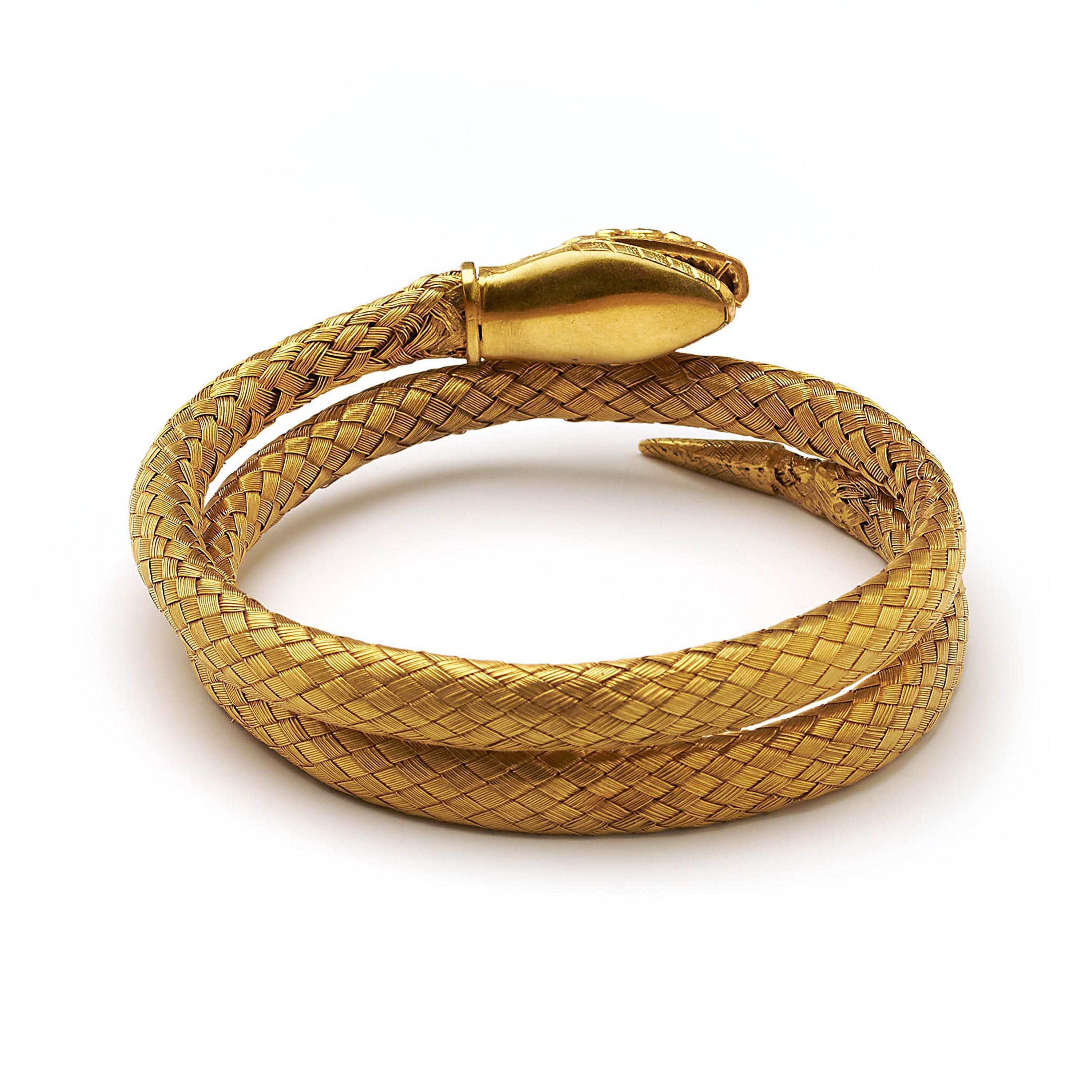 Old European Cut Antique Diamond, Ruby and Woven Gold Snake Bracelet, circa 1870