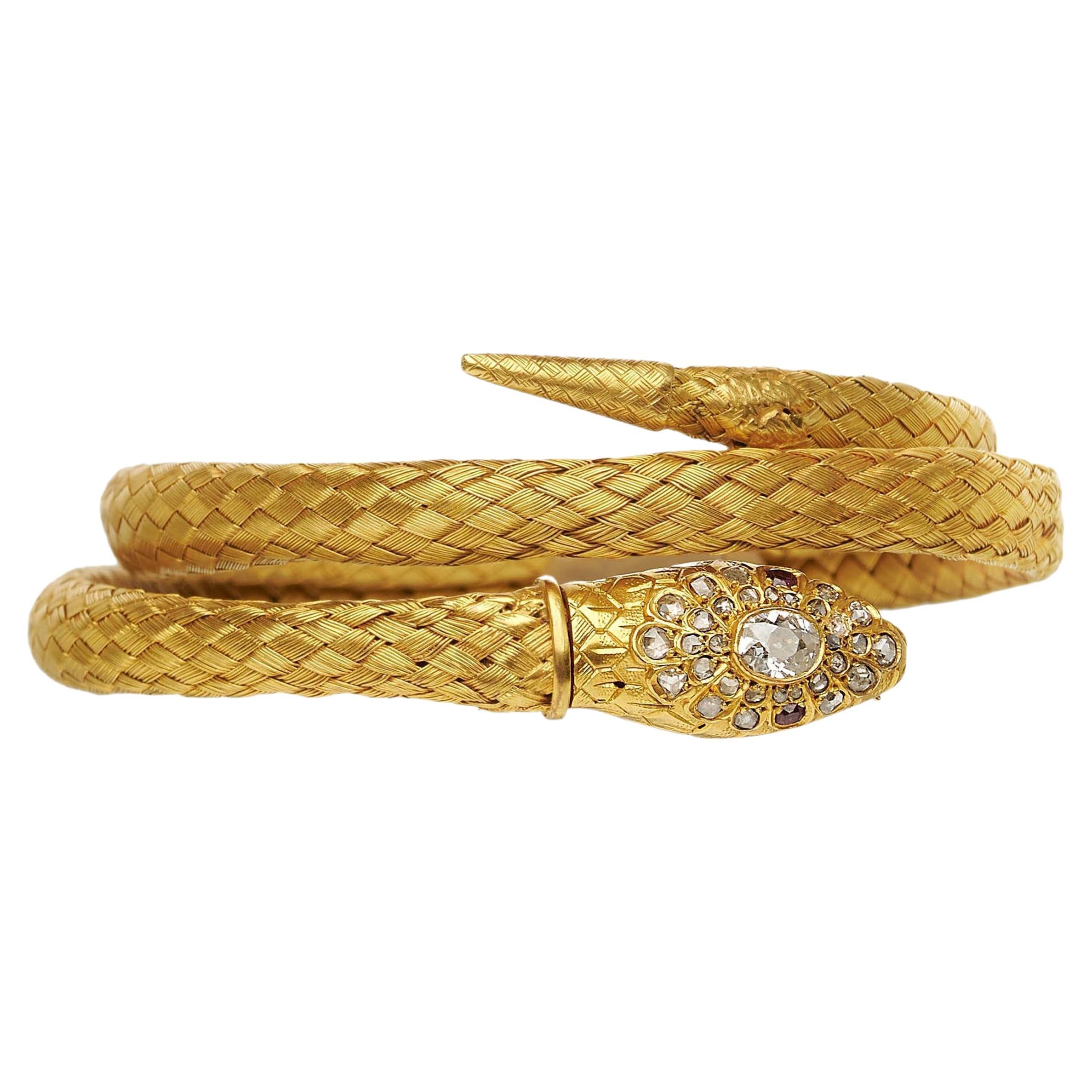 Antique Diamond, Ruby and Woven Gold Snake Bracelet, circa 1870