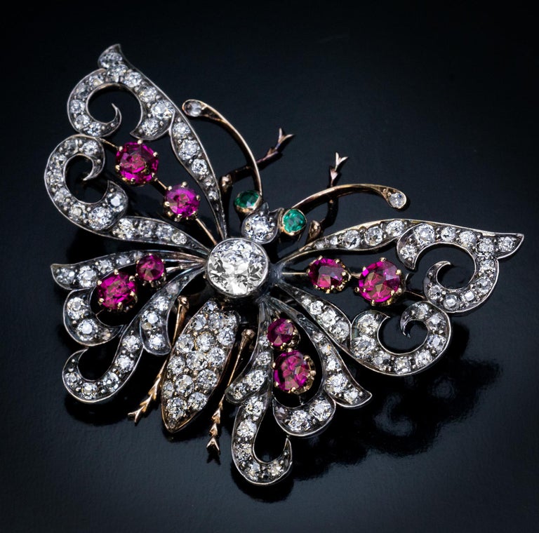 Antique Diamond Ruby Emerald Butterfly Brooch  In Excellent Condition For Sale In Chicago, IL