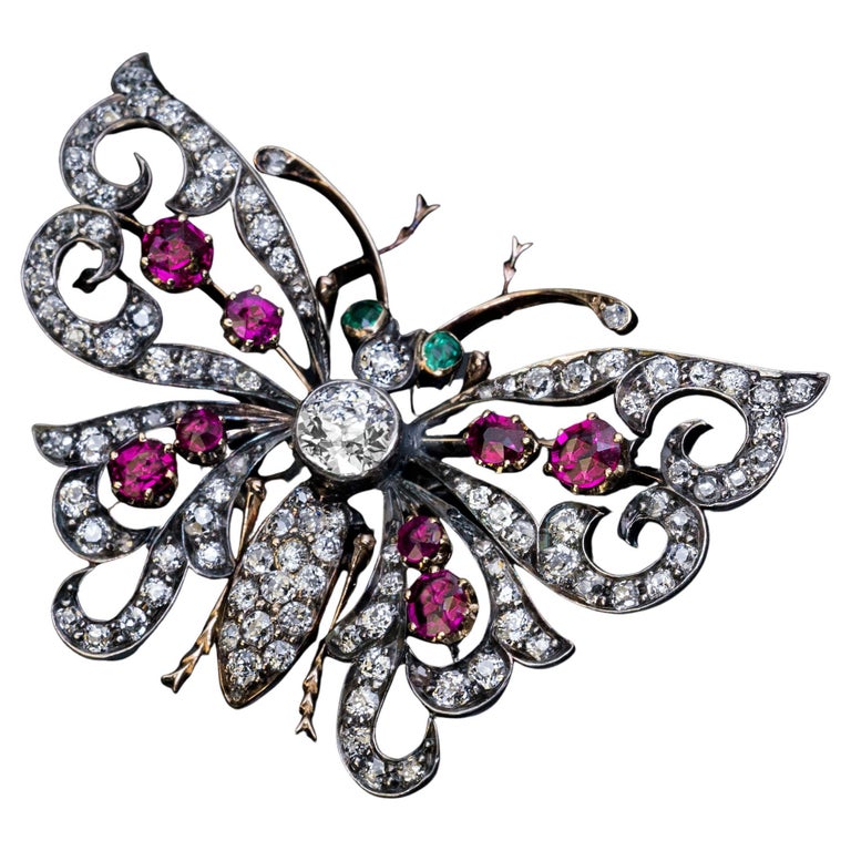 Antique Diamond Ruby Emerald Butterfly Brooch  For Sale