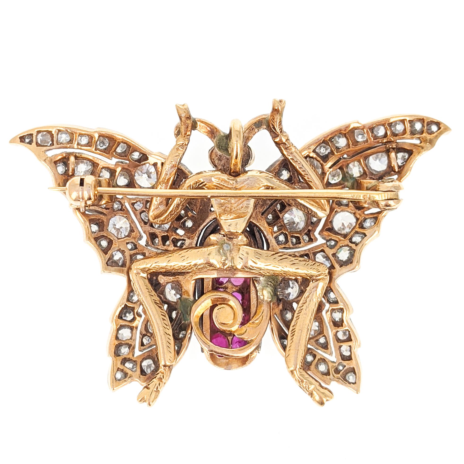 Old European Cut Antique Diamond Ruby Gold Platinum Butterfly Pendant Brooch