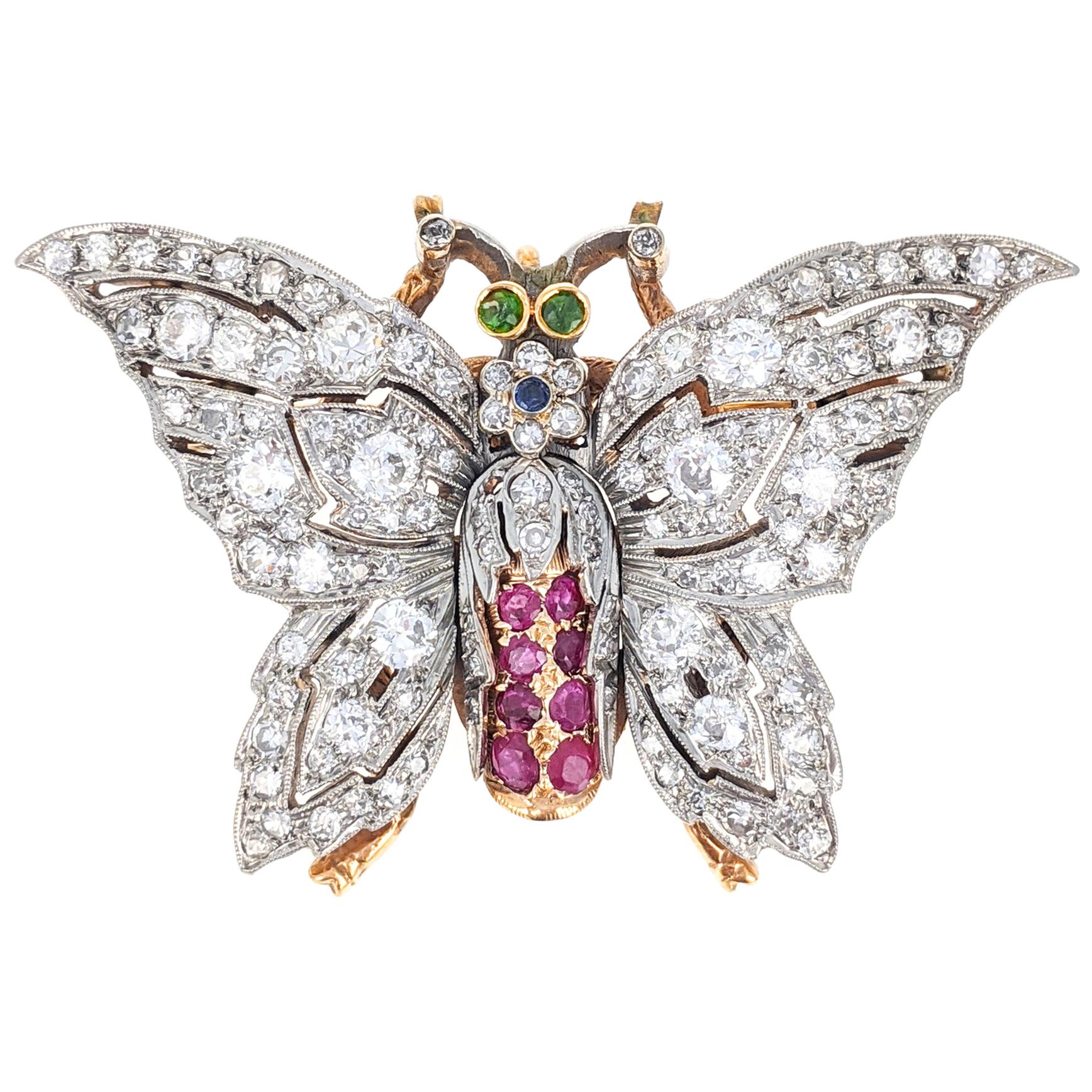 Antique Diamond Ruby Gold Platinum Butterfly Pendant Brooch