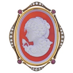 Antique Diamond Ruby Hardstone Cameo Brooch