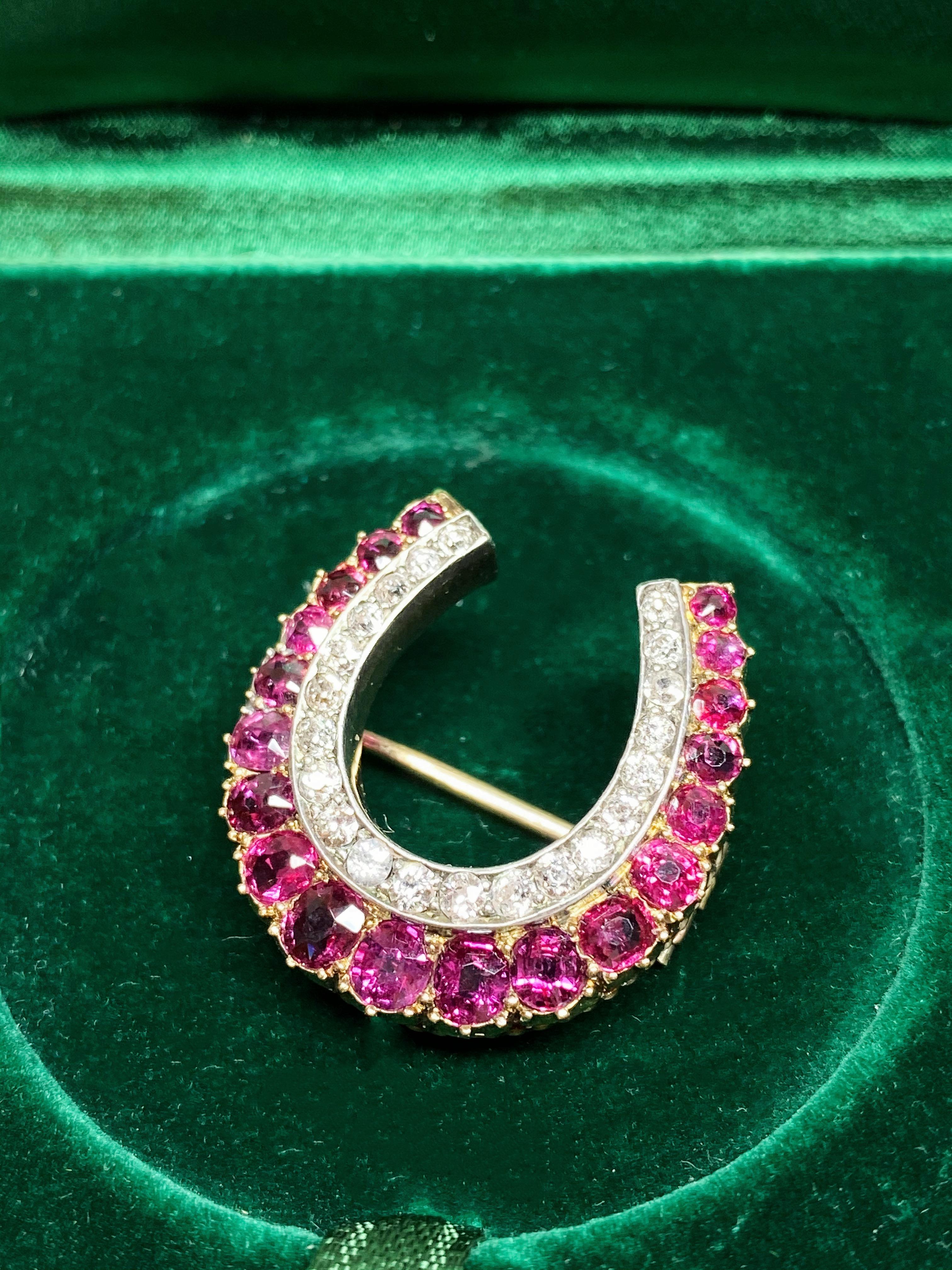 Antique Diamond and Ruby Horseshoe Brooch Pin For Sale 4