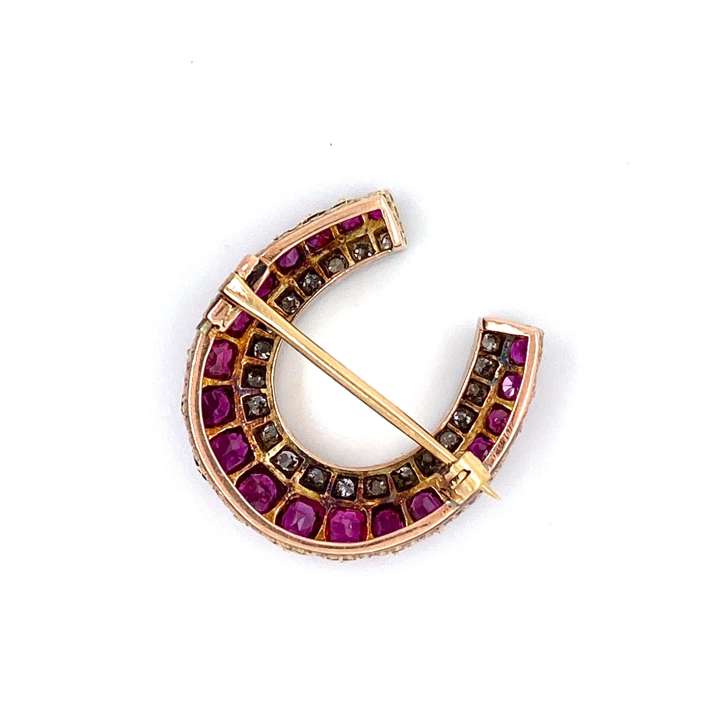 This brooch is stunning, maybe one for good luck or the horse lover - regardless anyone would be proud to wear this piece. Circa 1900's and expertly crafted from the era, featuring the most striking red/pink Burmese rubies, a total of 19 oval shaped