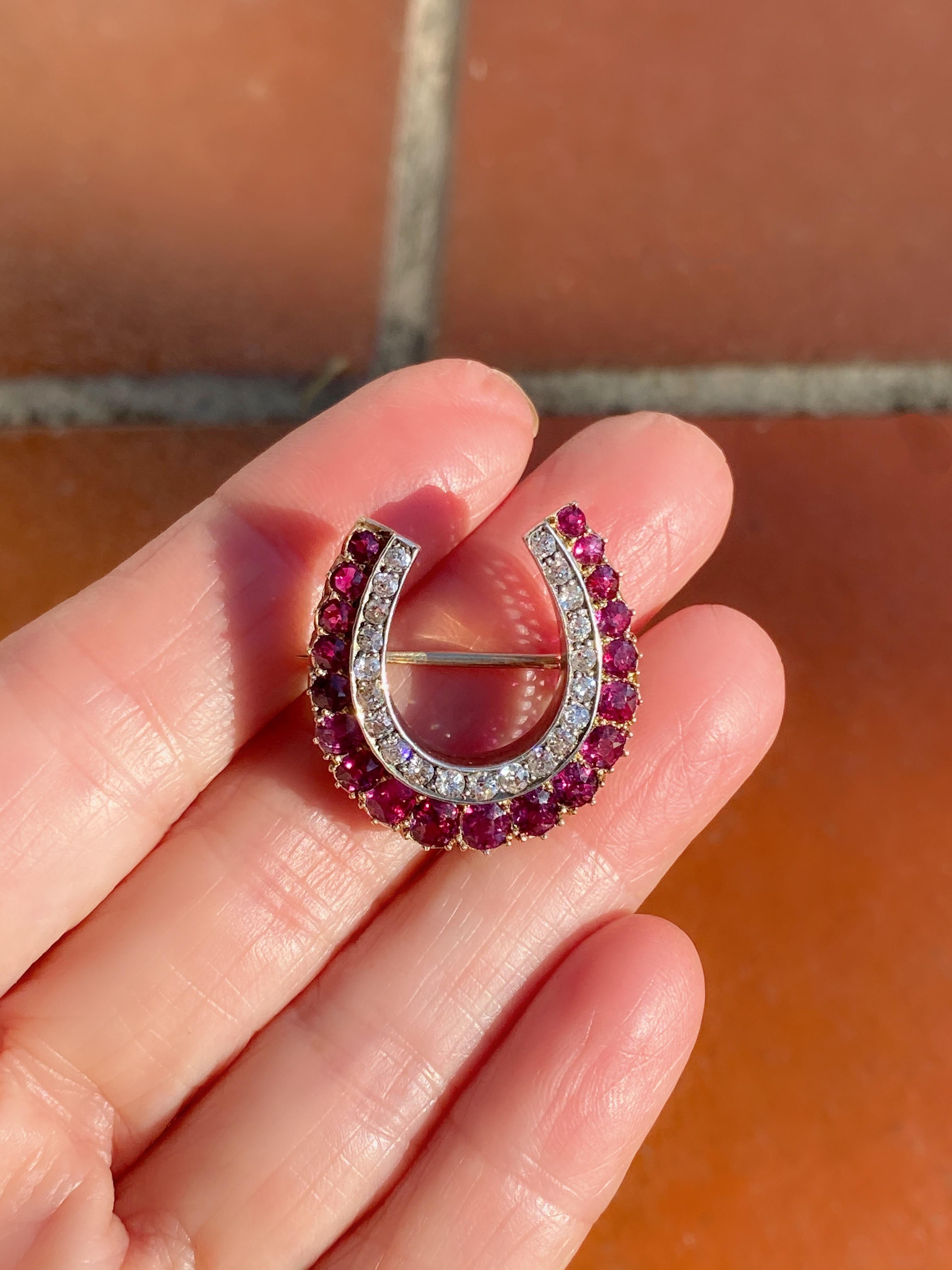 Women's Antique Diamond and Ruby Horseshoe Brooch Pin For Sale
