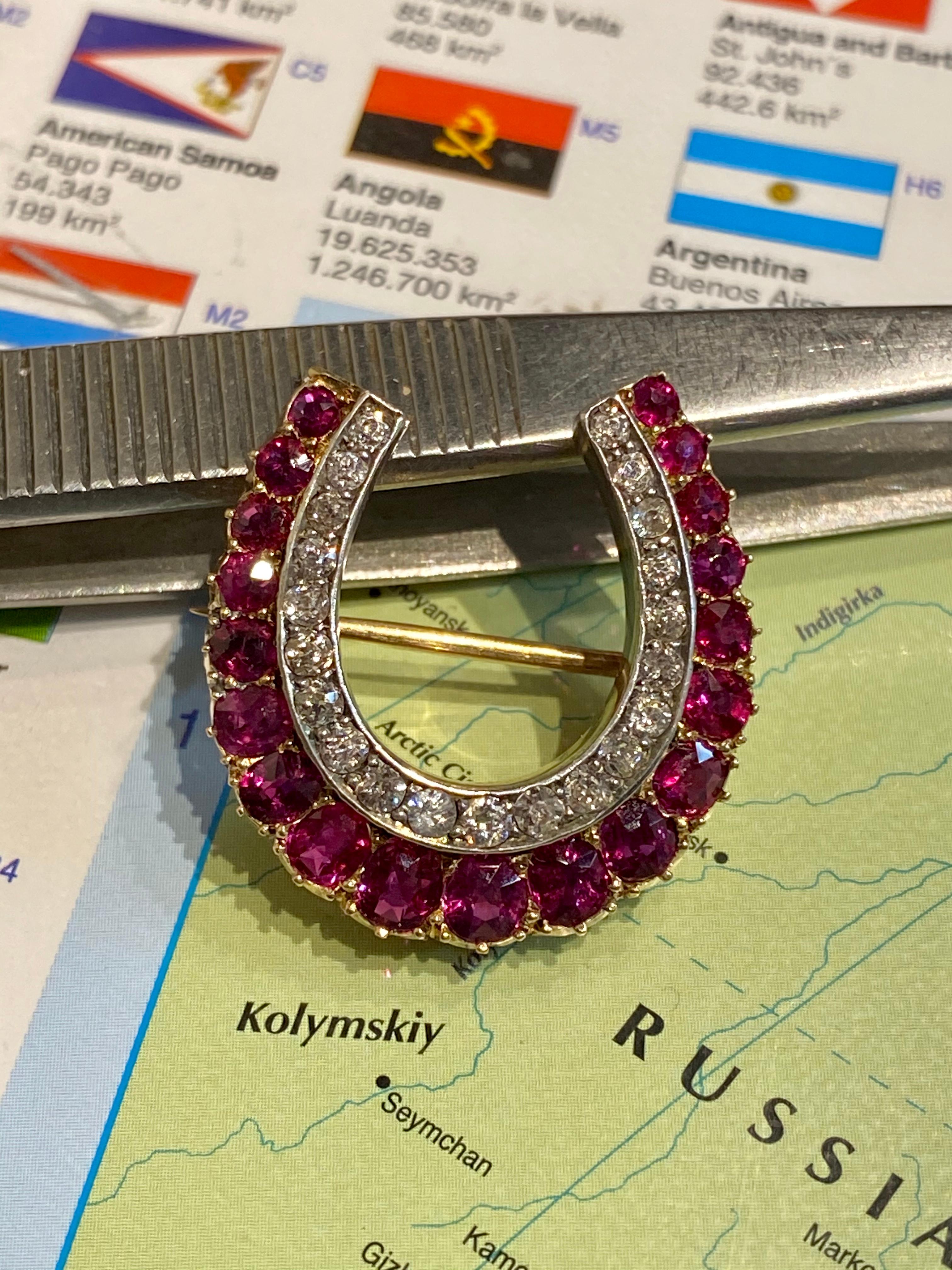 Antique Diamond and Ruby Horseshoe Brooch Pin For Sale 1
