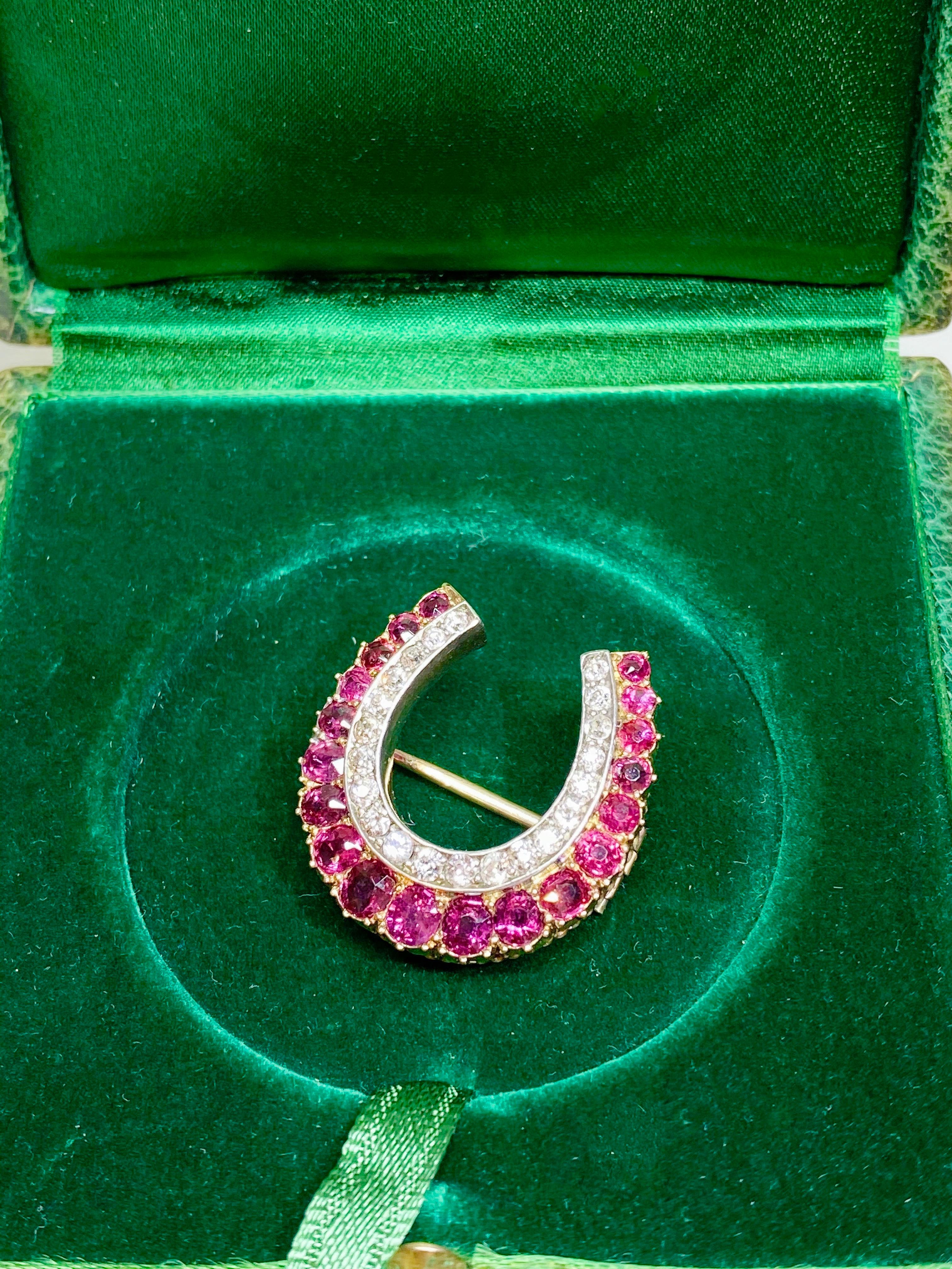 Antique Diamond and Ruby Horseshoe Brooch Pin For Sale 2