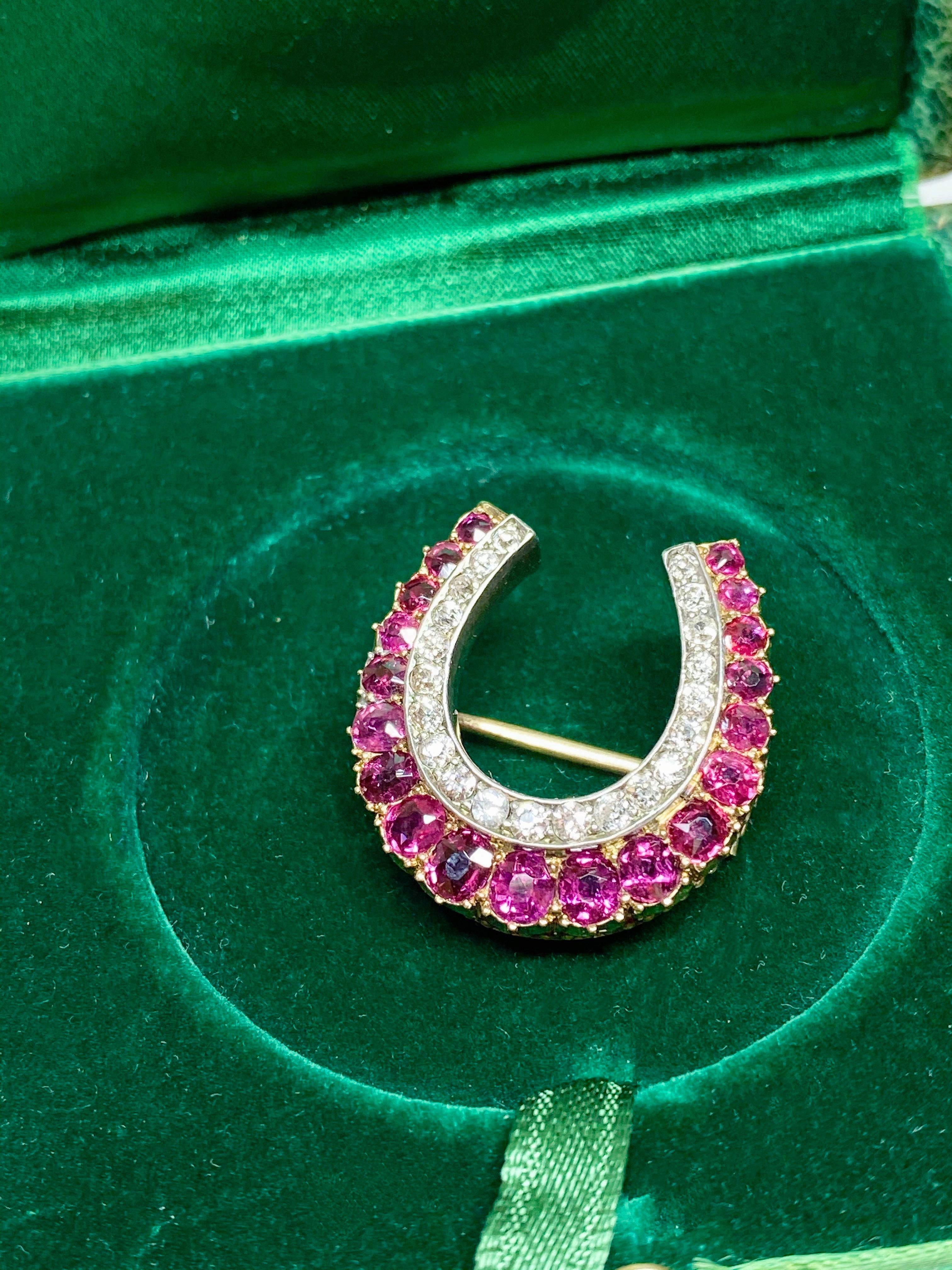 Antique Diamond and Ruby Horseshoe Brooch Pin For Sale 3