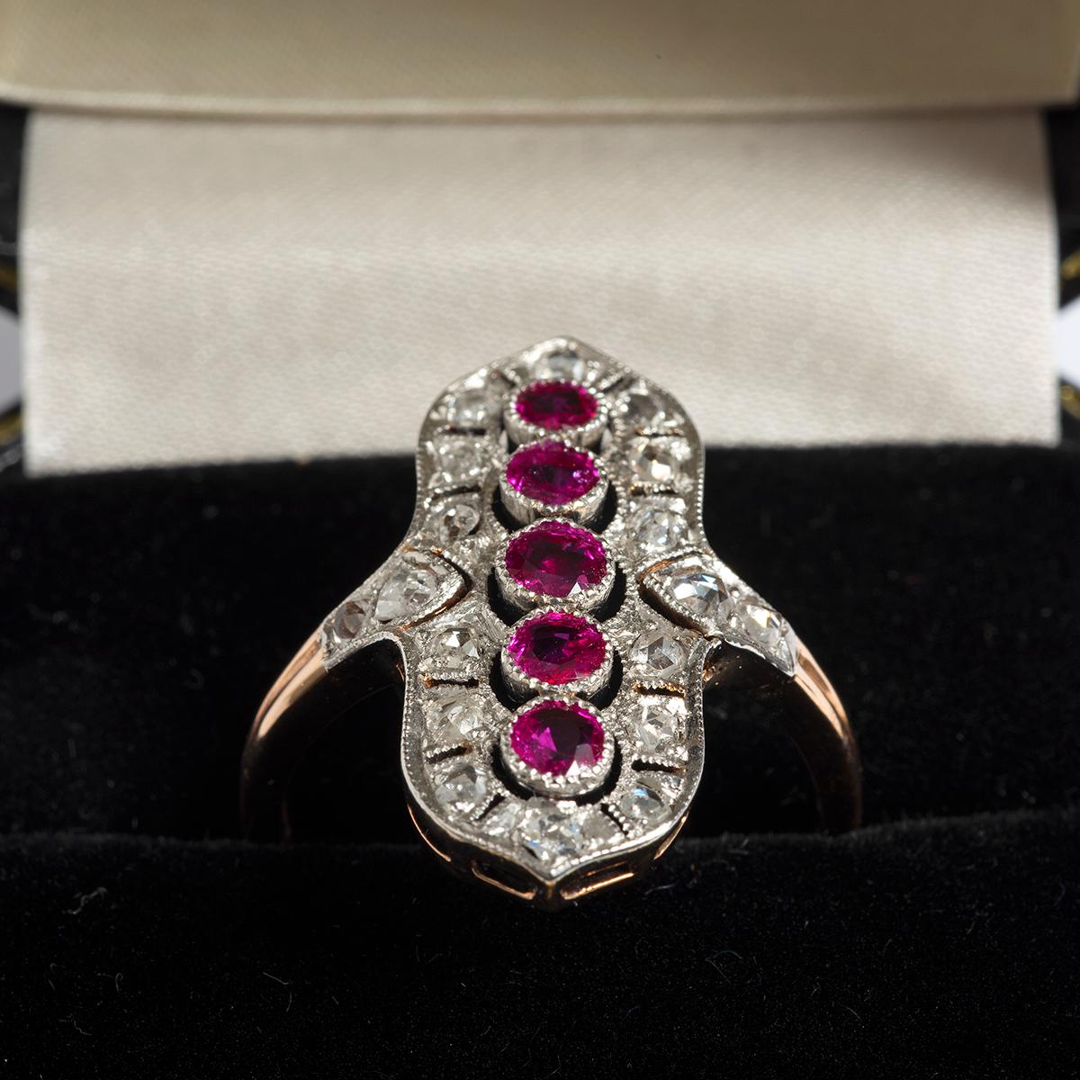 Antique Diamond & Ruby Ring, 1900's, 5 x Rubies, 15K Yellow Gold. US Size 8.75 In Excellent Condition For Sale In Canterbury, GB