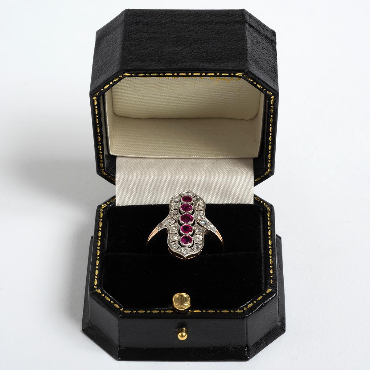Women's or Men's Antique Diamond & Ruby Ring, 1900's, 5 x Rubies, 15K Yellow Gold. US Size 8.75 For Sale