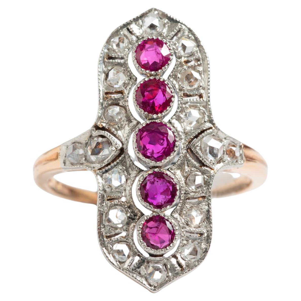Antique Diamond & Ruby Ring, 1900's, 5 x Rubies, 15K Yellow Gold. US Size 8.75 For Sale