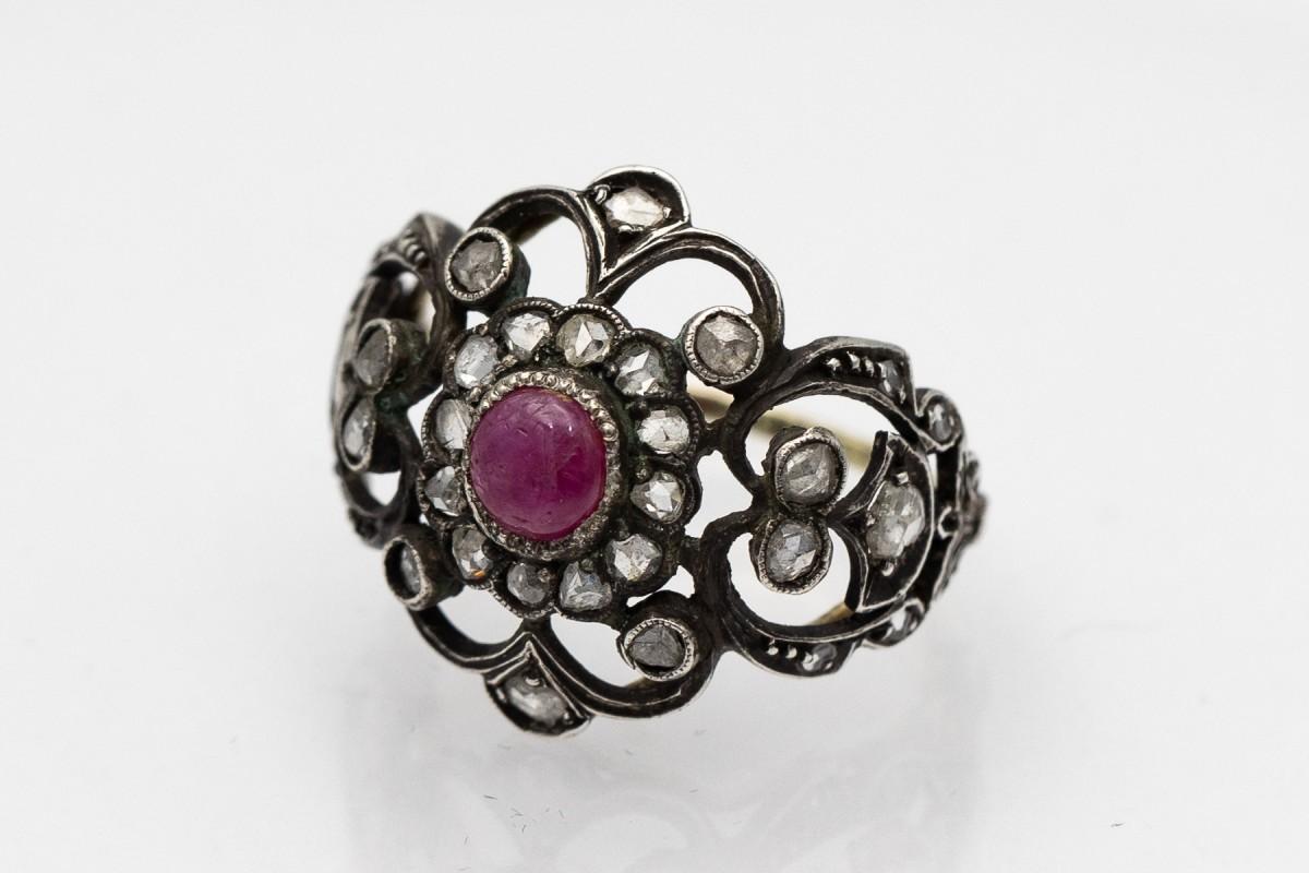 Cabochon Antique diamond & ruby ring, Poland, early 20th century. For Sale