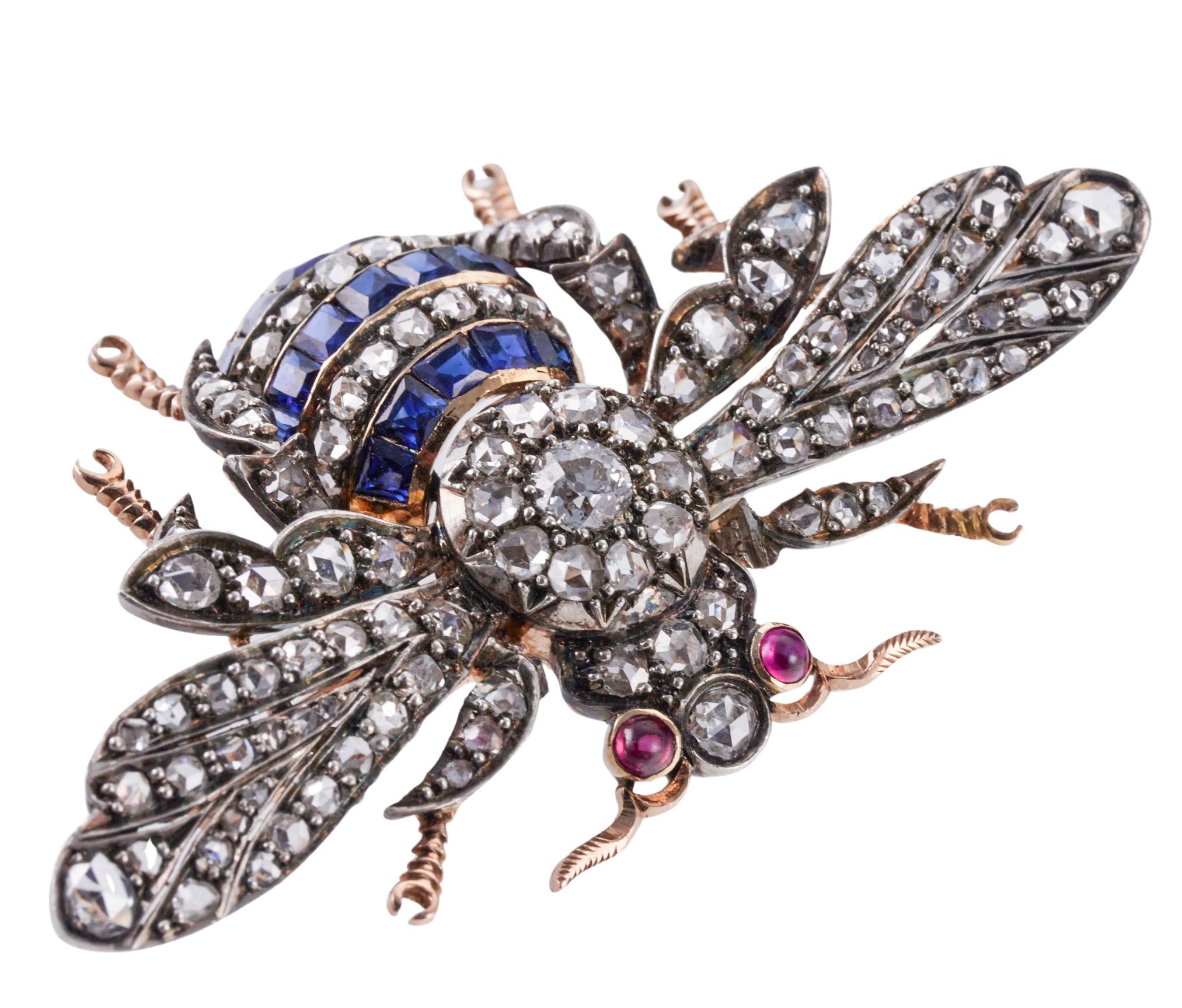 Rose Cut Antique Diamond Ruby Sapphire Gold Silver Insect Bee Brooch  For Sale