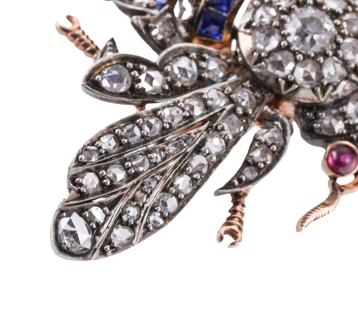 Antique Diamond Ruby Sapphire Gold Silver Insect Bee Brooch  In Excellent Condition For Sale In New York, NY