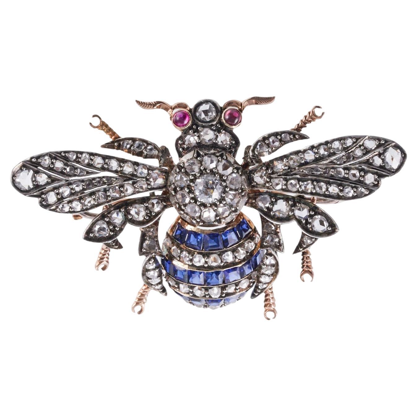Antique Broche abeille insecte diamant rubis saphir or argent 
