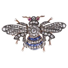 Vintage Diamond Ruby Sapphire Gold Silver Insect Bee Brooch 