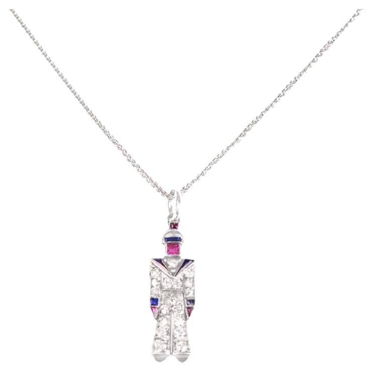 Antique Diamond, Ruby & Sapphire Sailor Charm Pendant Necklace, Platinum  For Sale
