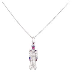 Antique Diamond, Ruby & Sapphire Sailor Charm Pendant Necklace, Platinum 