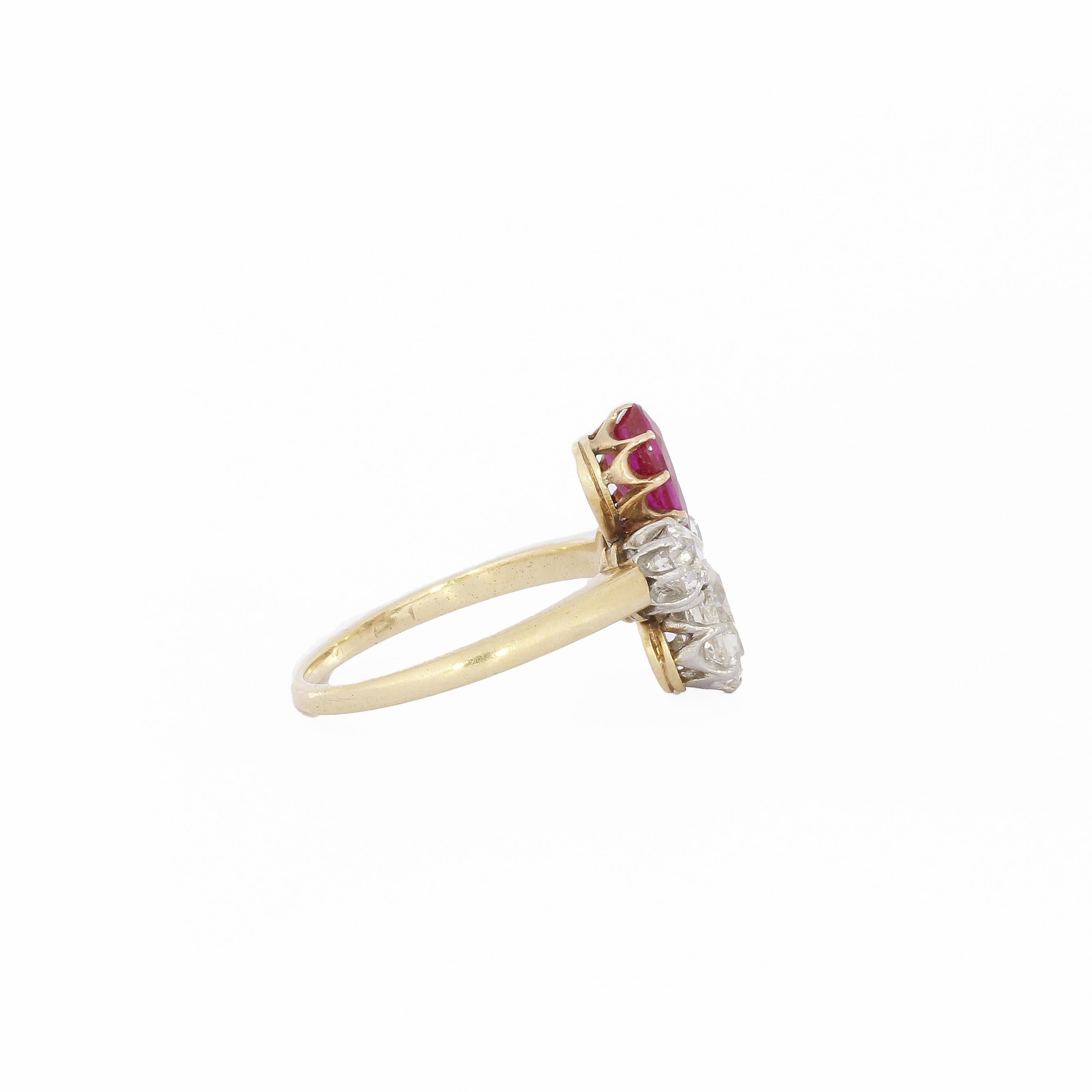 Old European Cut Antique Diamond Ruby Yellow Gold Ring For Sale