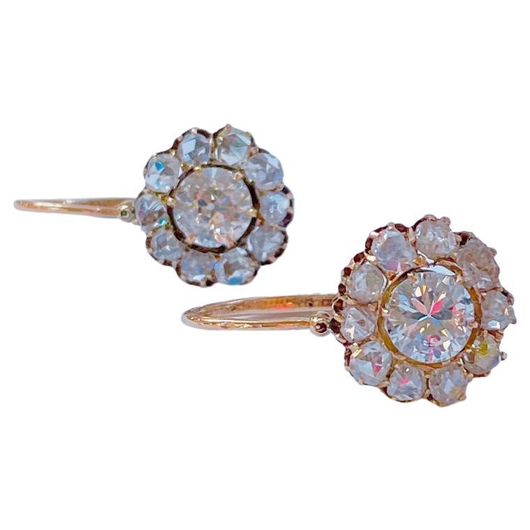 Boucles d'oreilles anciennes en or russe avec diamants Pour femmes en vente