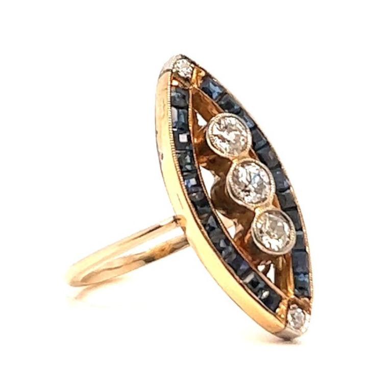 Antiker Diamant-Saphir-Ring aus 18 Karat Gelbgold mit Navette im Zustand „Hervorragend“ im Angebot in Beverly Hills, CA
