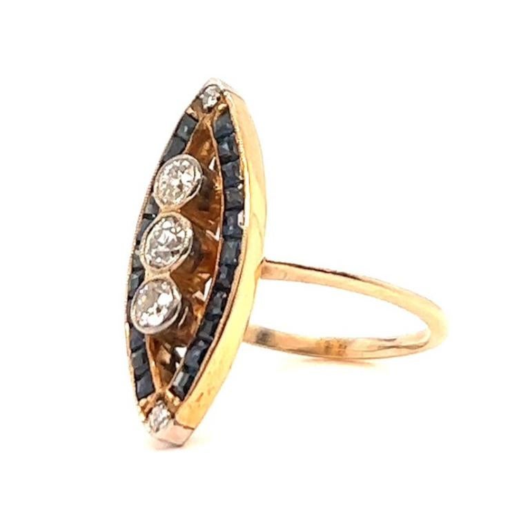 Women's or Men's Antique Diamond Sapphire 18 Karat Yellow Gold Navette Ring For Sale