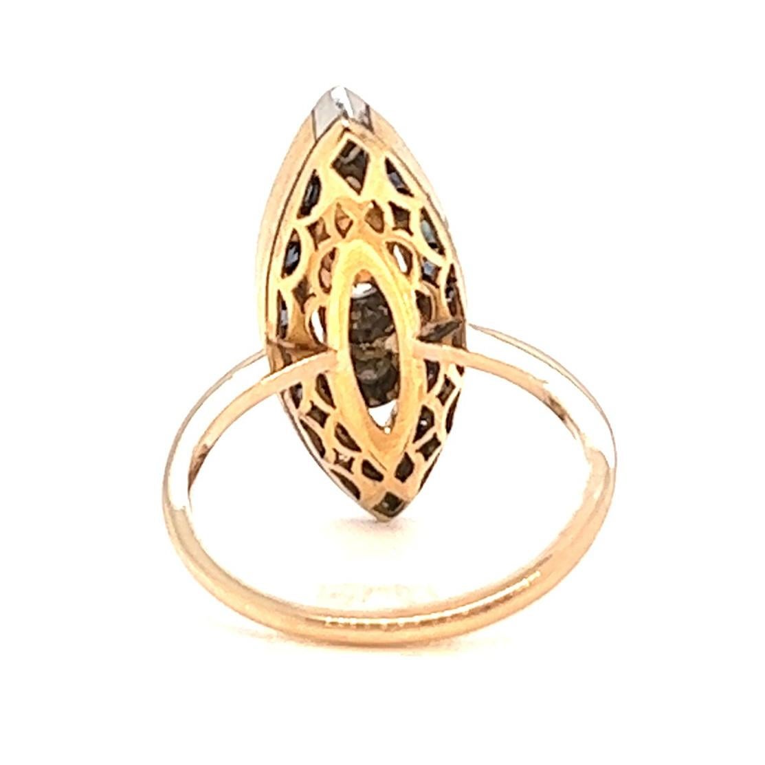 Antique Diamond Sapphire 18 Karat Yellow Gold Navette Ring For Sale 1