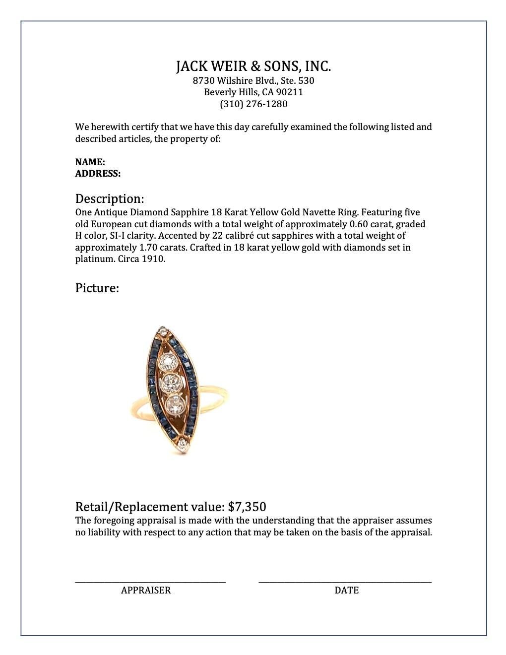 Antiker Diamant-Saphir-Ring aus 18 Karat Gelbgold mit Navette im Angebot 2