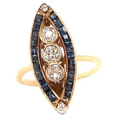 Antique Diamond Sapphire 18 Karat Yellow Gold Navette Ring