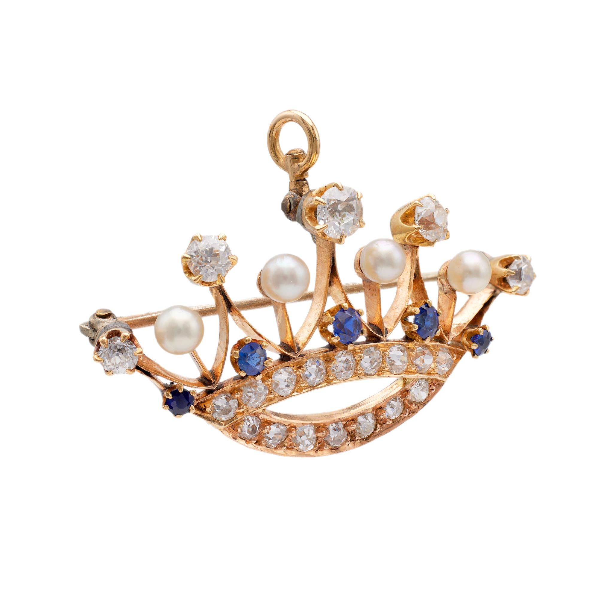 Women's or Men's Antique Diamond, Sapphire, and Pearl 14k Yellow Gold Crown Brooch For Sale