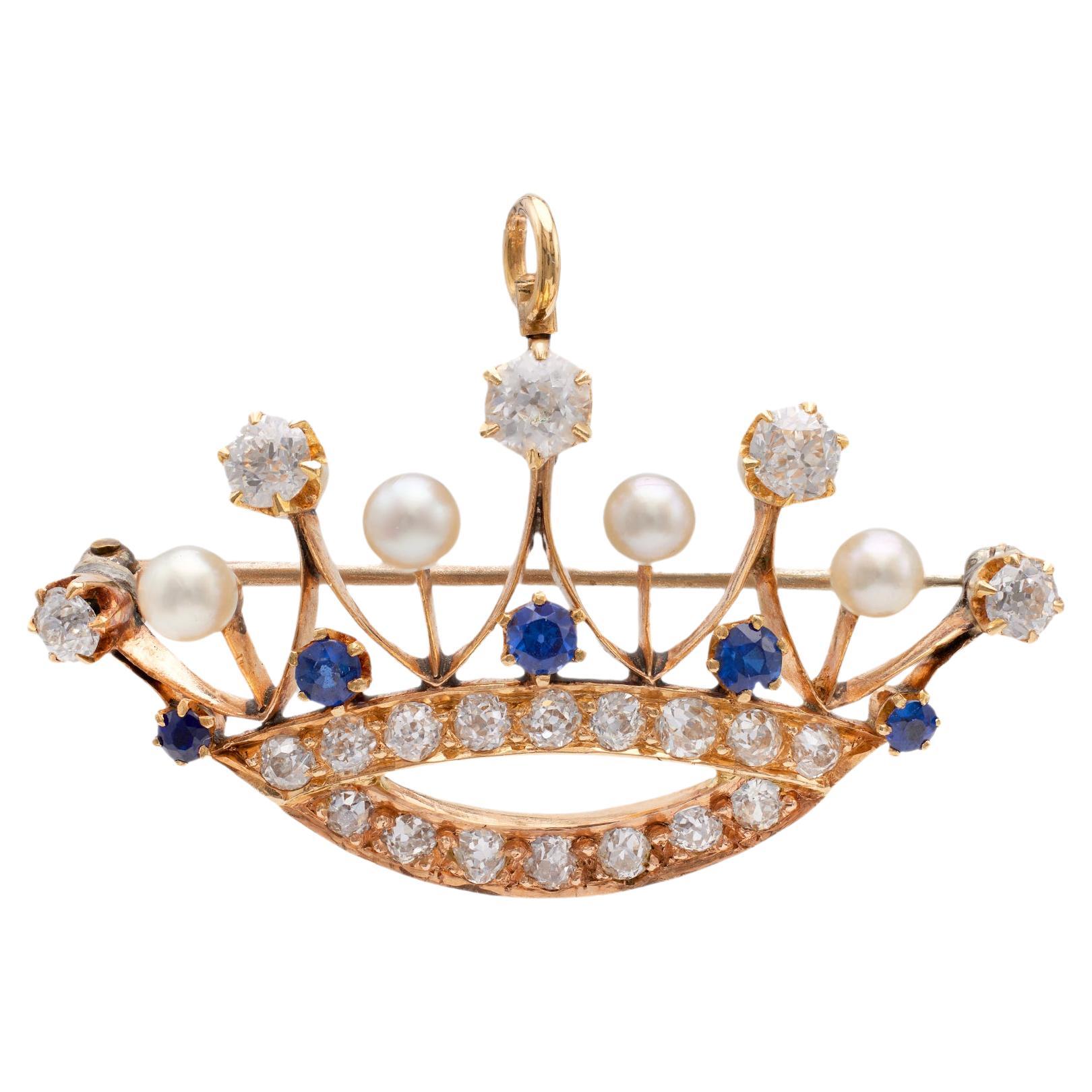 Broche couronne ancienne en or jaune 14k avec diamants, saphirs et perles