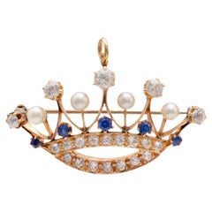 Antique Diamond, Sapphire, and Pearl 14k Yellow Gold Crown Brooch