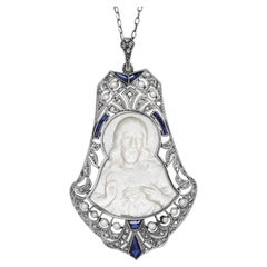 Antique Diamond Sapphire Mother Pearl Platinum Gold Sacred Heart Pendant Necklac