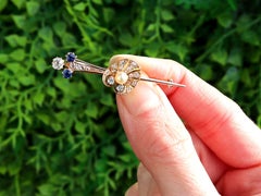Antique Diamond, Sapphire, Pearl and 12k Yellow Gold Shell Bar Brooch