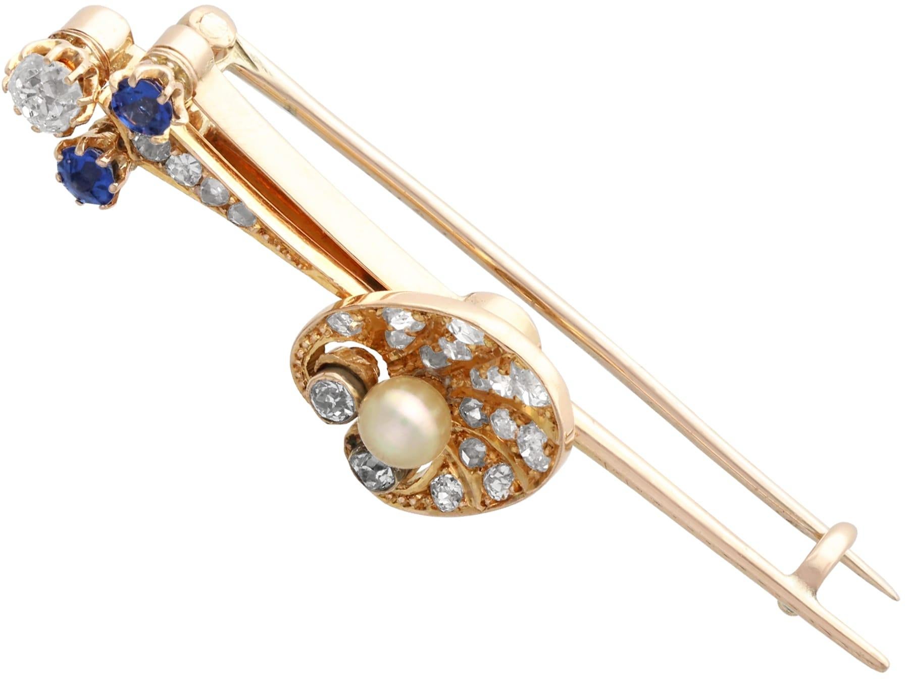 Antique Diamond, Sapphire, Pearl and 12k Yellow Gold Shell Bar Brooch Circa 1900 In Excellent Condition For Sale In Jesmond, Newcastle Upon Tyne